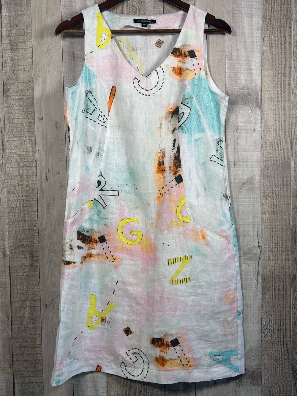 Charli B 100% Linen Sleeveless Mini Dress White Pastel Print & Pockets Size S